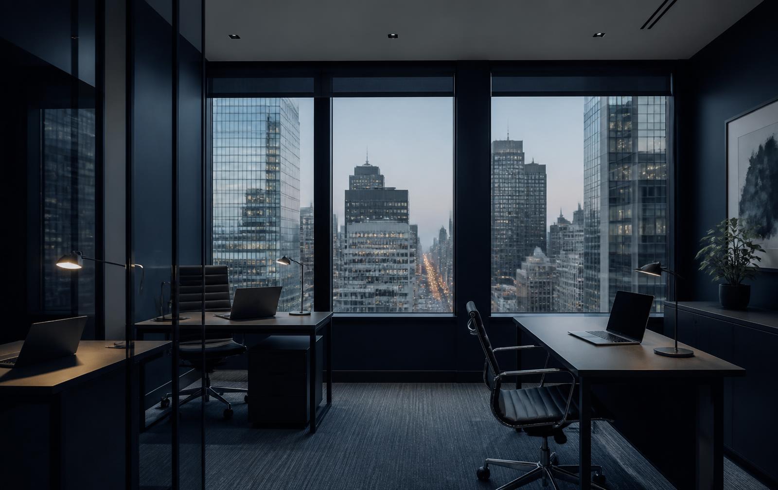 A quiet Manhattan small-business office at dusk, the kind of environment OSTECH Systems supports